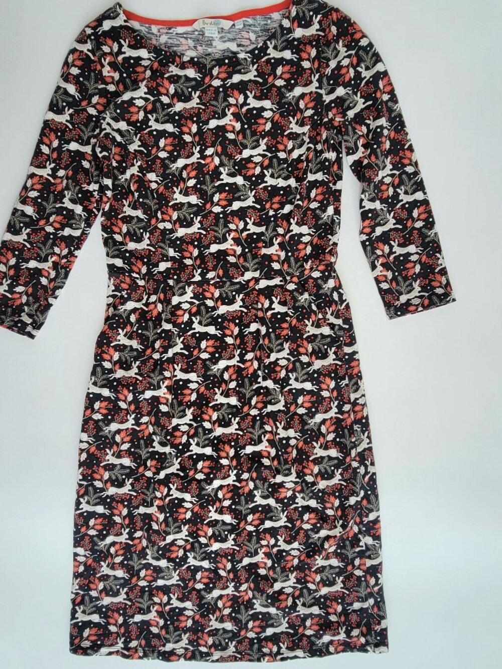 Boden Penny Jersey Rabbit Dress Size 4R Woodland Bunny Floral Black Whimsical